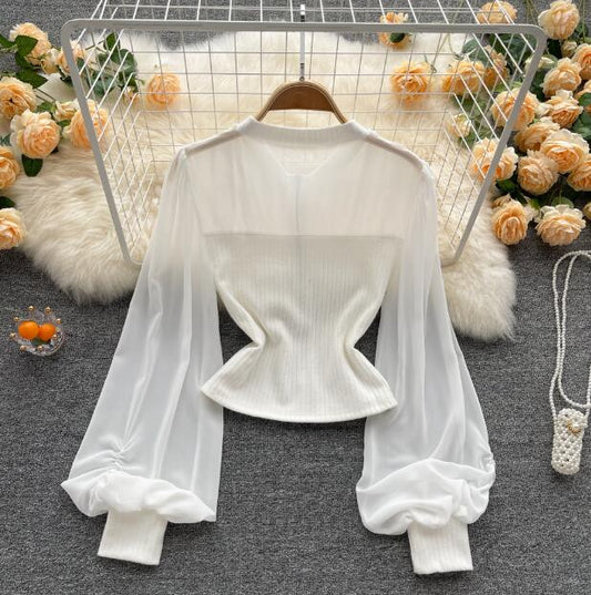 French Sweet Lantern Sleeve Chiffon Shirt Female Design Sense Niche Self-Cultivation Thin Waist Short Western Chic Zipper Top Trend
