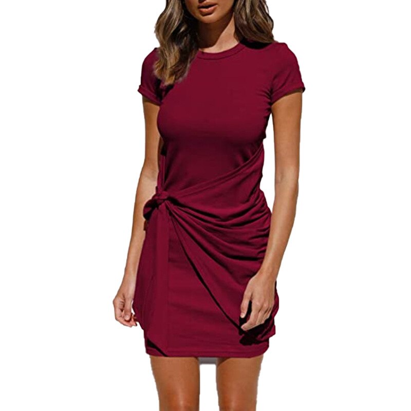 Summer Women Dress Self Tie Draped T-Shirt Dress Solid Cotton Casual Summer Outfits Women Sexy Daily Short Sleeve Dress