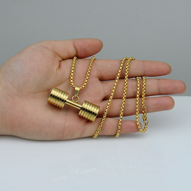 HIP Men Gold Color Titanium Stainless Steel GO FIT Dumbbell Gym Fitness Barbell Pendant Necklaces For Men Sport Jewelry