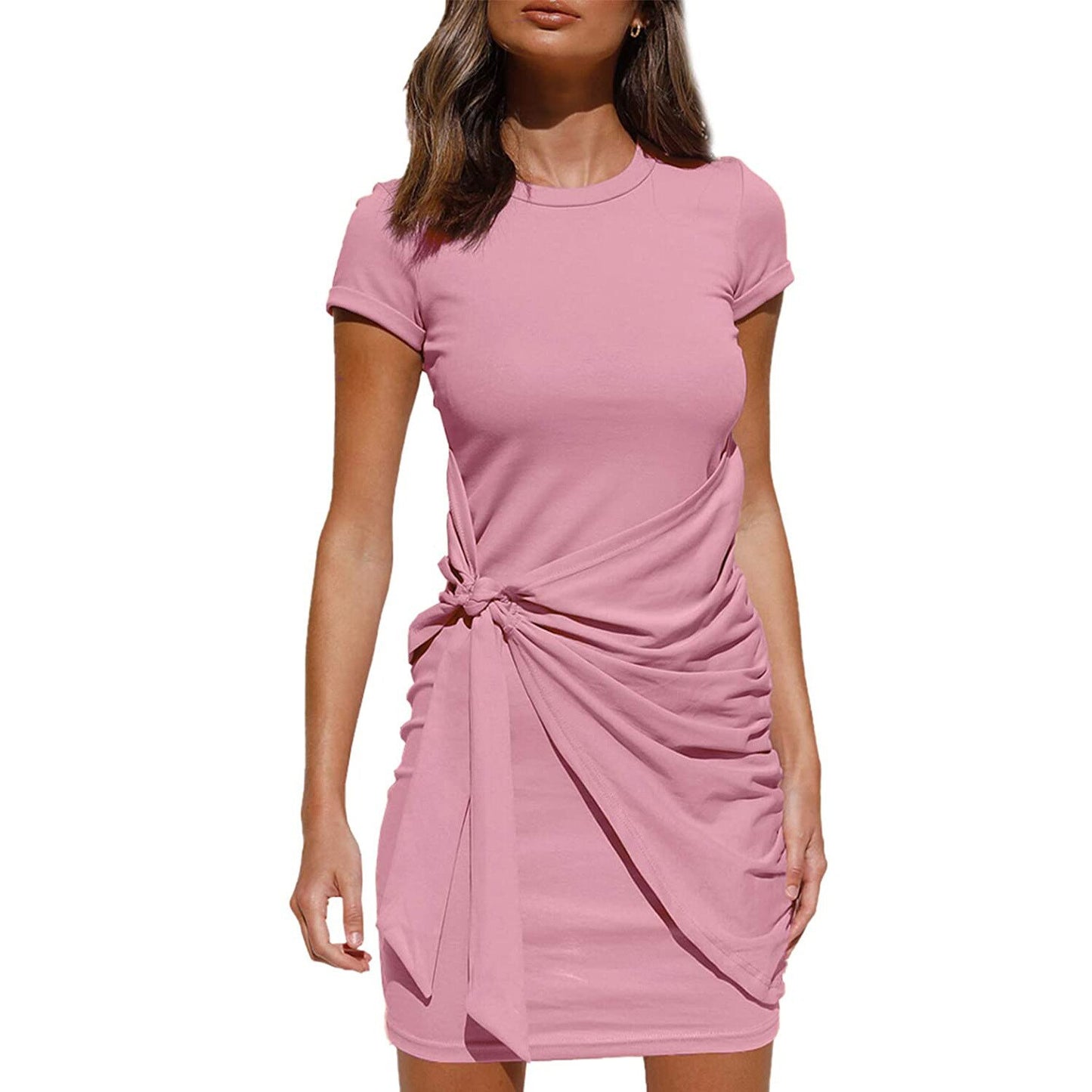 Summer Women Dress Self Tie Draped T-Shirt Dress Solid Cotton Casual Summer Outfits Women Sexy Daily Short Sleeve Dress