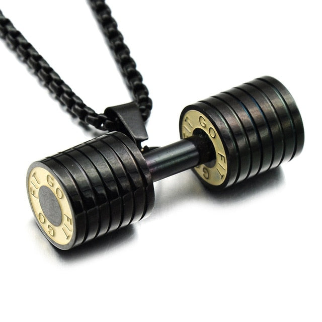 HIP Men Gold Color Titanium Stainless Steel GO FIT Dumbbell Gym Fitness Barbell Pendant Necklaces For Men Sport Jewelry