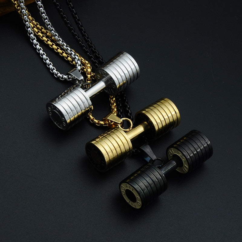 HIP Men Gold Color Titanium Stainless Steel GO FIT Dumbbell Gym Fitness Barbell Pendant Necklaces For Men Sport Jewelry