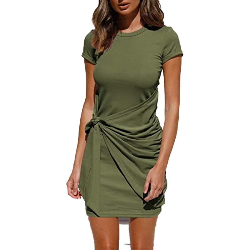 Summer Women Dress Self Tie Draped T-Shirt Dress Solid Cotton Casual Summer Outfits Women Sexy Daily Short Sleeve Dress