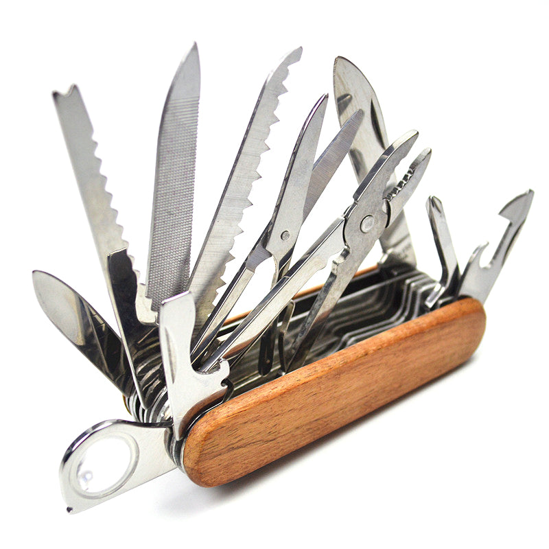 Multi Functional Outdoor Portable Self-Defense Folding Long Combination Tool Pliers Retro Wooden Handle Portable Multi-Purpose Camping Tool