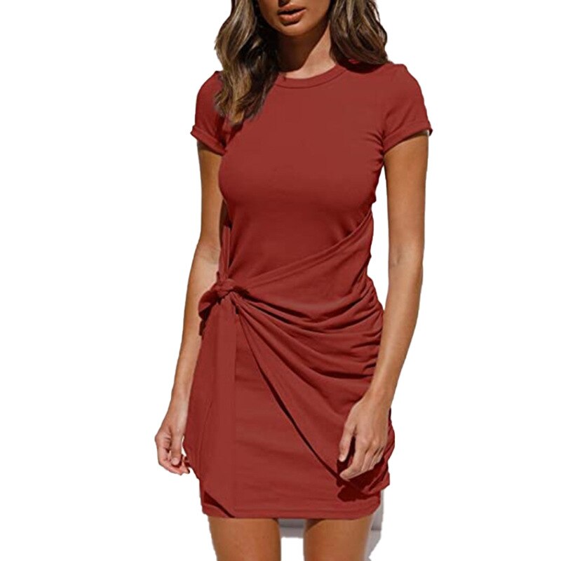 Summer Women Dress Self Tie Draped T-Shirt Dress Solid Cotton Casual Summer Outfits Women Sexy Daily Short Sleeve Dress