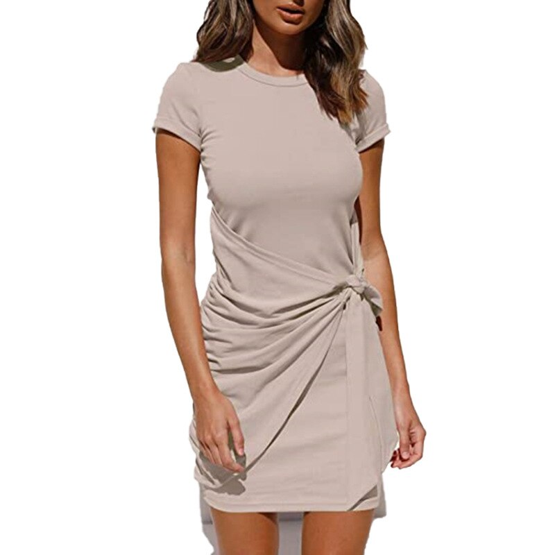 Summer Women Dress Self Tie Draped T-Shirt Dress Solid Cotton Casual Summer Outfits Women Sexy Daily Short Sleeve Dress