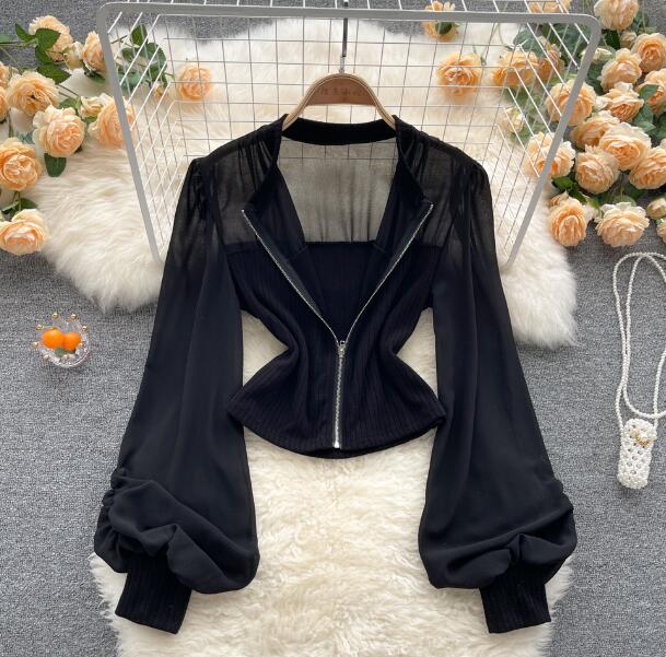French Sweet Lantern Sleeve Chiffon Shirt Female Design Sense Niche Self-Cultivation Thin Waist Short Western Chic Zipper Top Trend