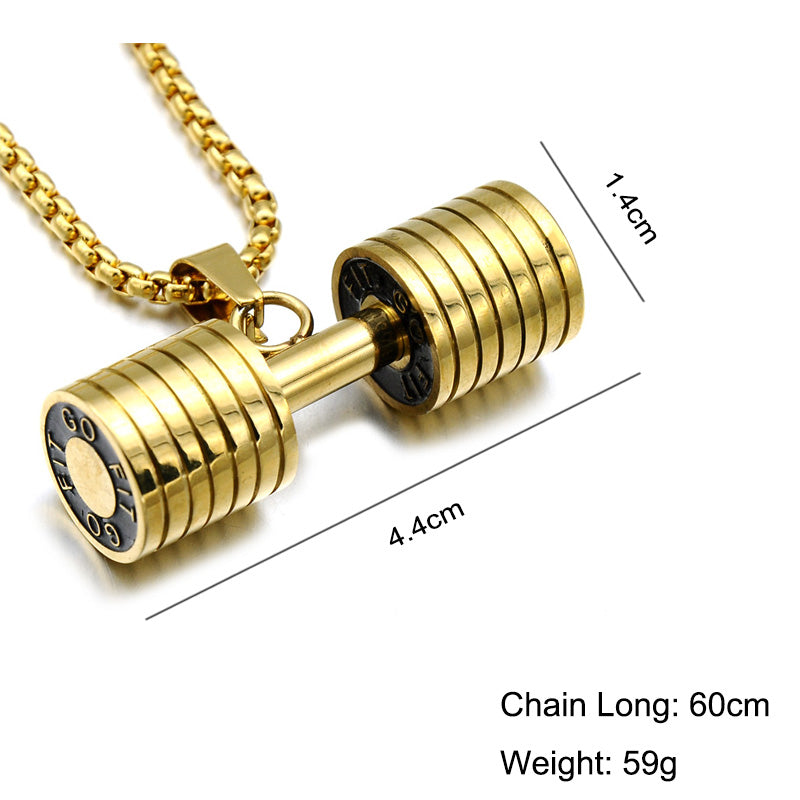 HIP Men Gold Color Titanium Stainless Steel GO FIT Dumbbell Gym Fitness Barbell Pendant Necklaces For Men Sport Jewelry