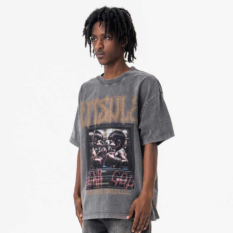 Men's  Boxing Print Vintage Crew Neck Short Sleeve T-Shirt