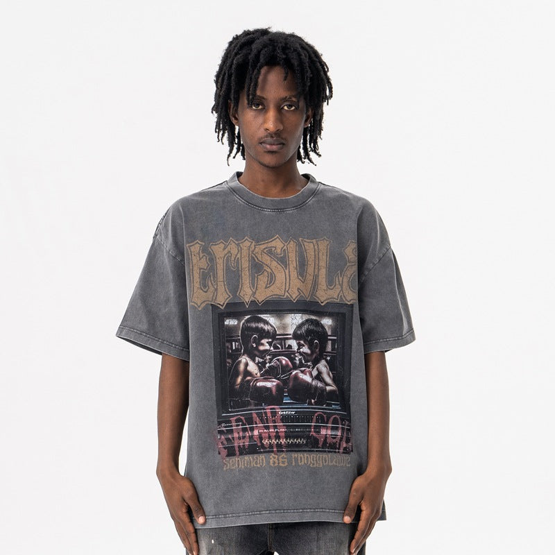 Men's  Boxing Print Vintage Crew Neck Short Sleeve T-Shirt