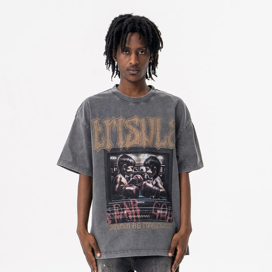 Men's  Boxing Print Vintage Crew Neck Short Sleeve T-Shirt