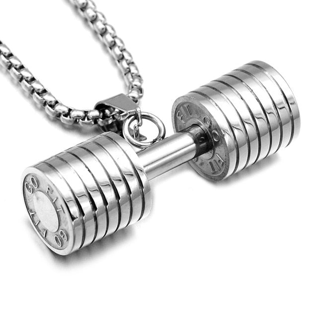 HIP Men Gold Color Titanium Stainless Steel GO FIT Dumbbell Gym Fitness Barbell Pendant Necklaces For Men Sport Jewelry