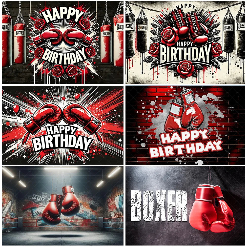 Boxing Theme Birthday Party Decoration Fight Sport Background Boxing Gloves Boxer Challenge Game Banner Poster Photo Studio Prop