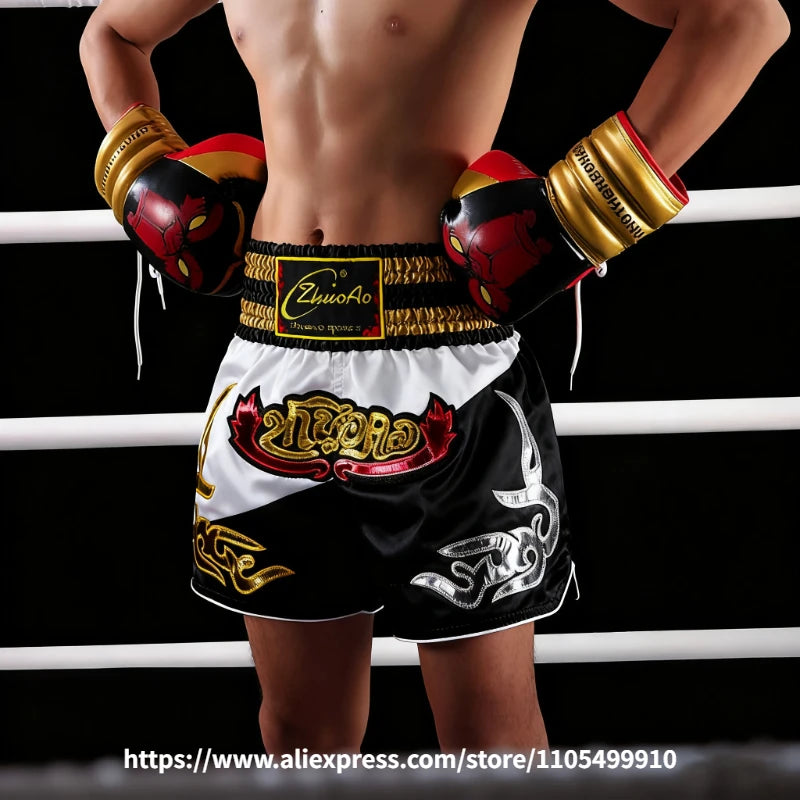 Traditional Golden Black Muay Thai Shorts Boxing Shorts Embroidery Satin Men Women Kids Martial Arts Kickboxing Training Pants