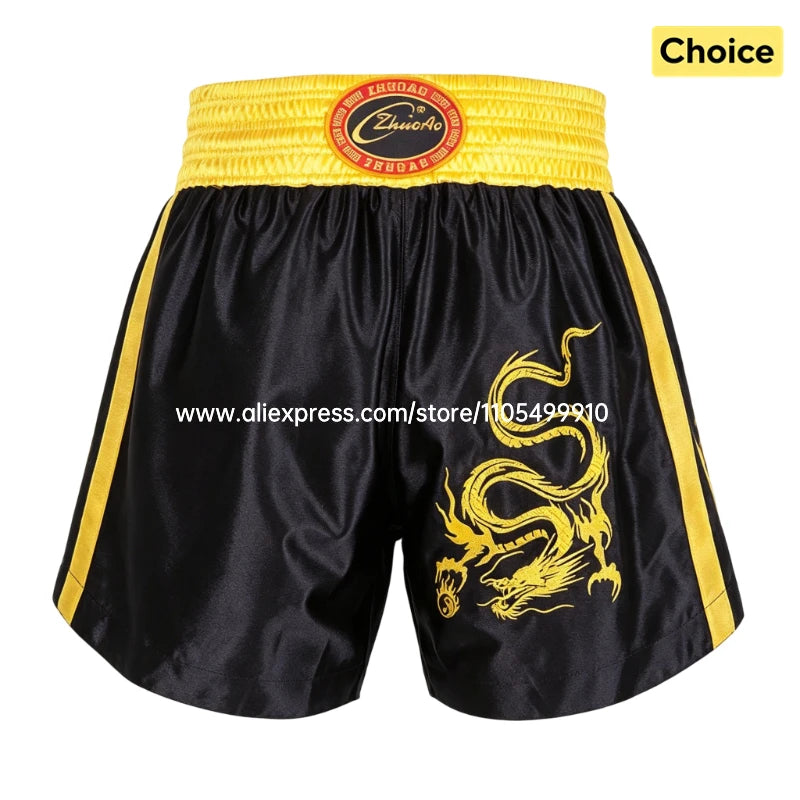 Traditional Golden Black Muay Thai Shorts Boxing Shorts Embroidery Satin Men Women Kids Martial Arts Kickboxing Training Pants