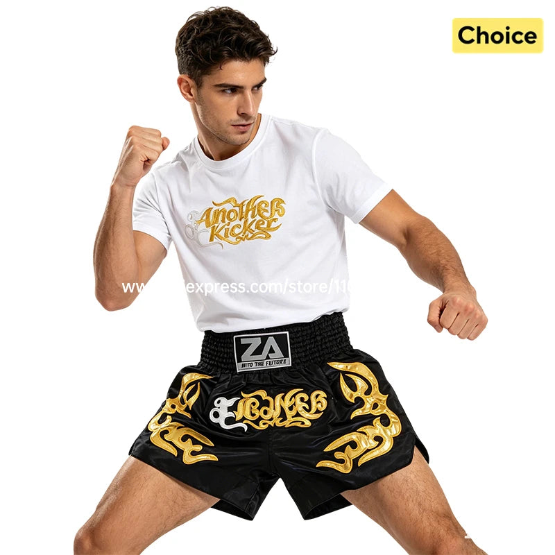Traditional Golden Black Muay Thai Shorts Boxing Shorts Embroidery Satin Men Women Kids Martial Arts Kickboxing Training Pants