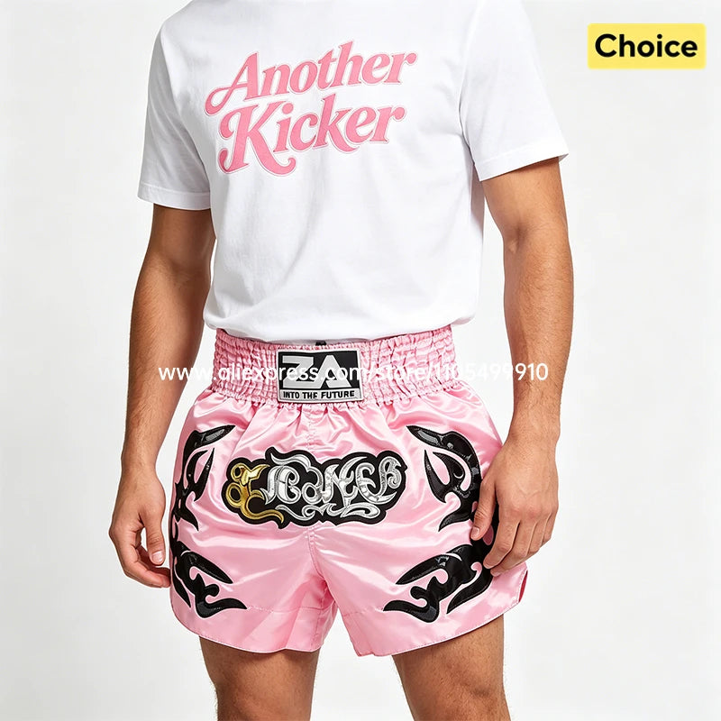 Traditional Golden Black Muay Thai Shorts Boxing Shorts Embroidery Satin Men Women Kids Martial Arts Kickboxing Training Pants