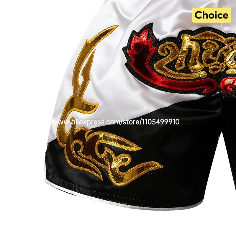 Traditional Golden Black Muay Thai Shorts Boxing Shorts Embroidery Satin Men Women Kids Martial Arts Kickboxing Training Pants