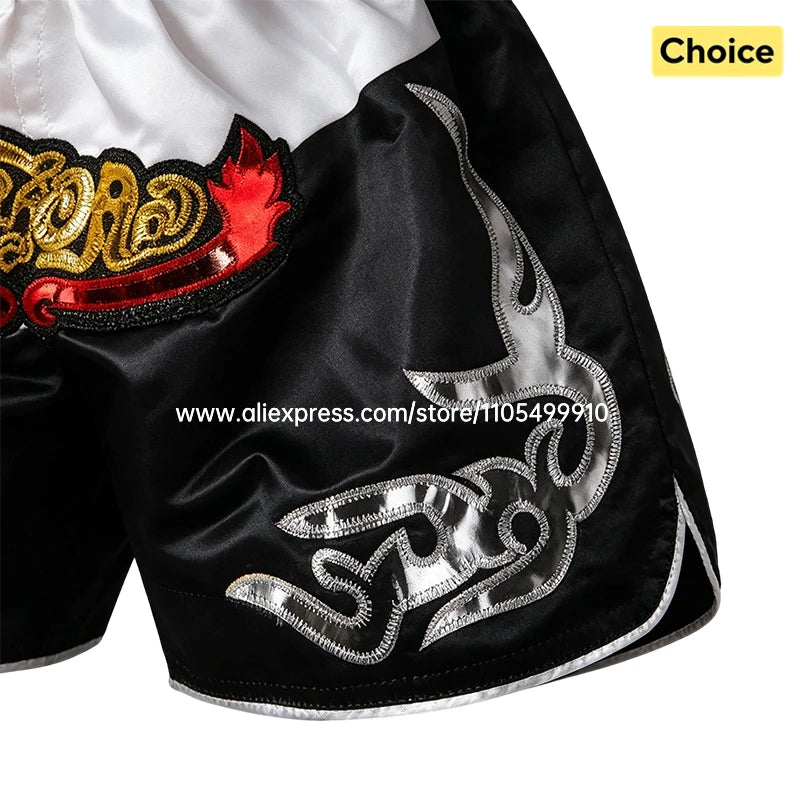 Traditional Golden Black Muay Thai Shorts Boxing Shorts Embroidery Satin Men Women Kids Martial Arts Kickboxing Training Pants