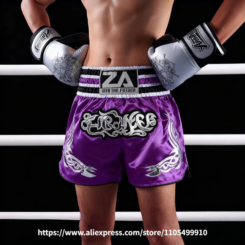 Traditional Golden Black Muay Thai Shorts Boxing Shorts Embroidery Satin Men Women Kids Martial Arts Kickboxing Training Pants