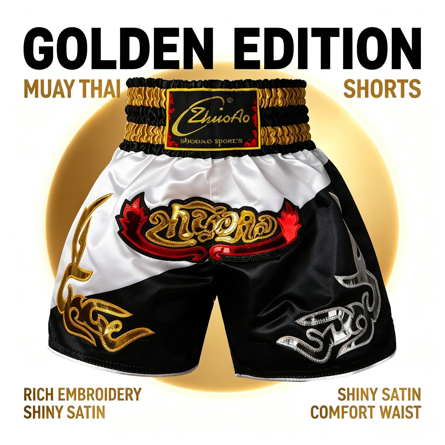 Traditional Golden Black Muay Thai Shorts Boxing Shorts Embroidery Satin Men Women Kids Martial Arts Kickboxing Training Pants