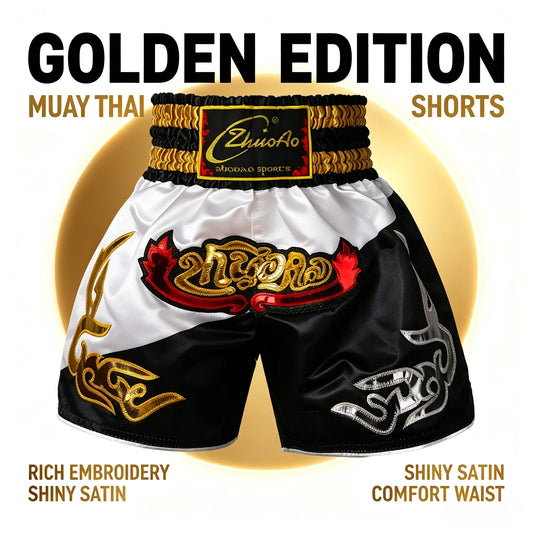 Traditional Golden Black Muay Thai Shorts Boxing Shorts Embroidery Satin Men Women Kids Martial Arts Kickboxing Training Pants