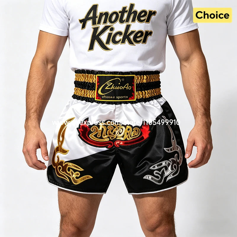 Traditional Golden Black Muay Thai Shorts Boxing Shorts Embroidery Satin Men Women Kids Martial Arts Kickboxing Training Pants