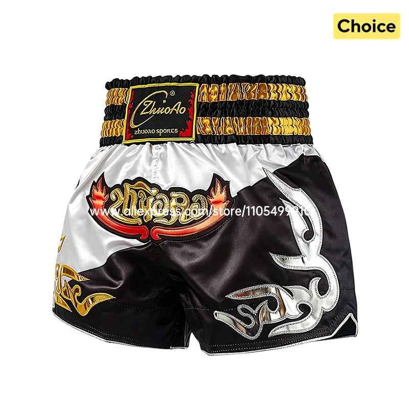 Traditional Golden Black Muay Thai Shorts Boxing Shorts Embroidery Satin Men Women Kids Martial Arts Kickboxing Training Pants
